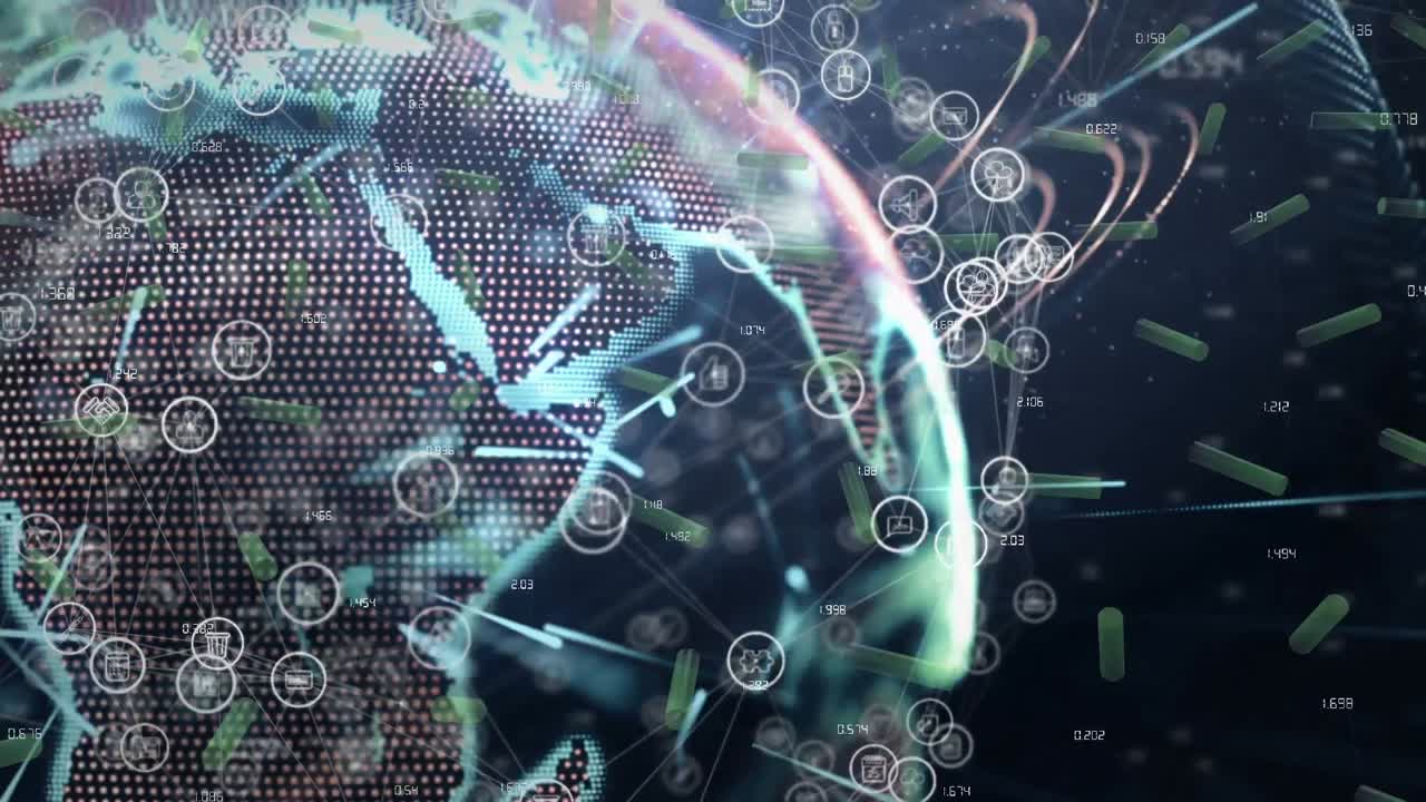 animación de iconos, red de conexiones y globo giratorio en el espacio naval