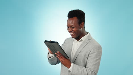 Happy-black-man,-tablet-and-fist-pump