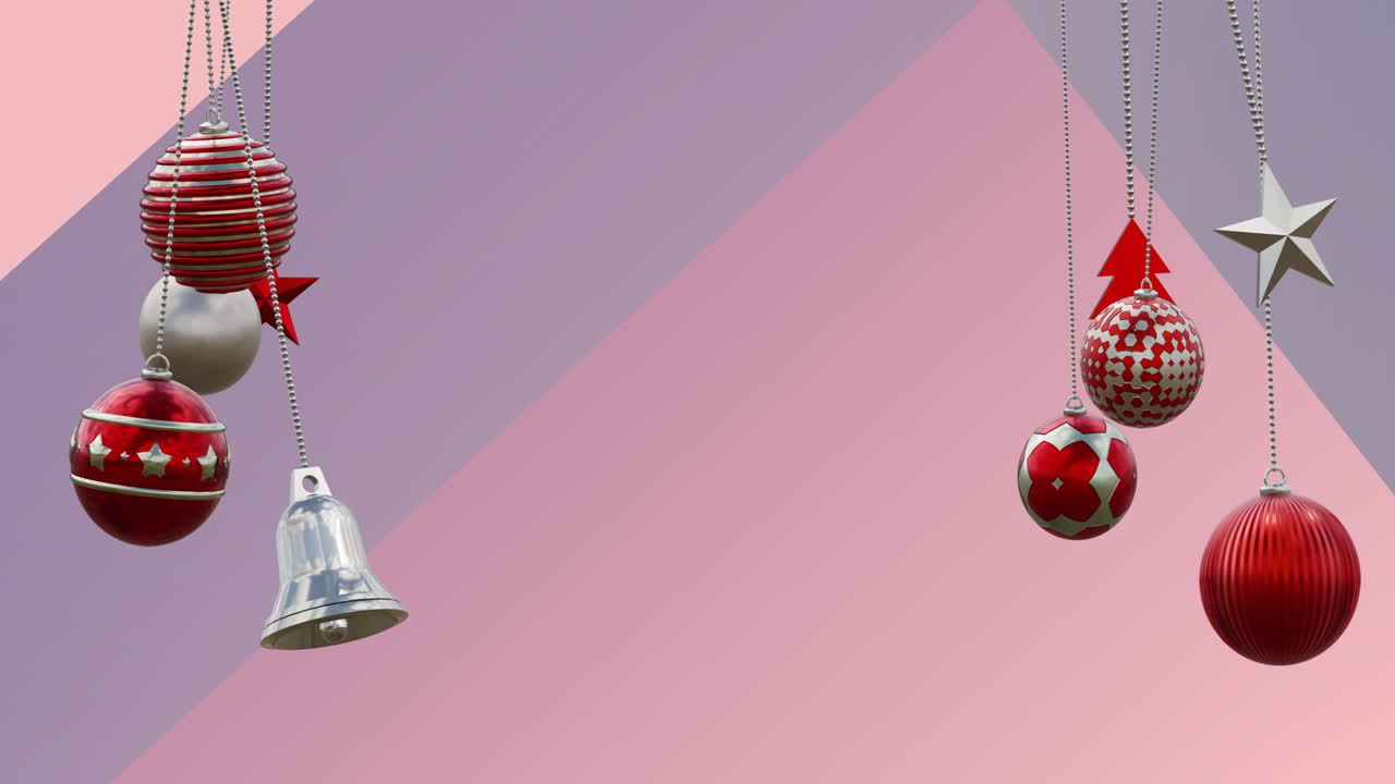Animation of christmas baubles decorations over pattern on purple background
