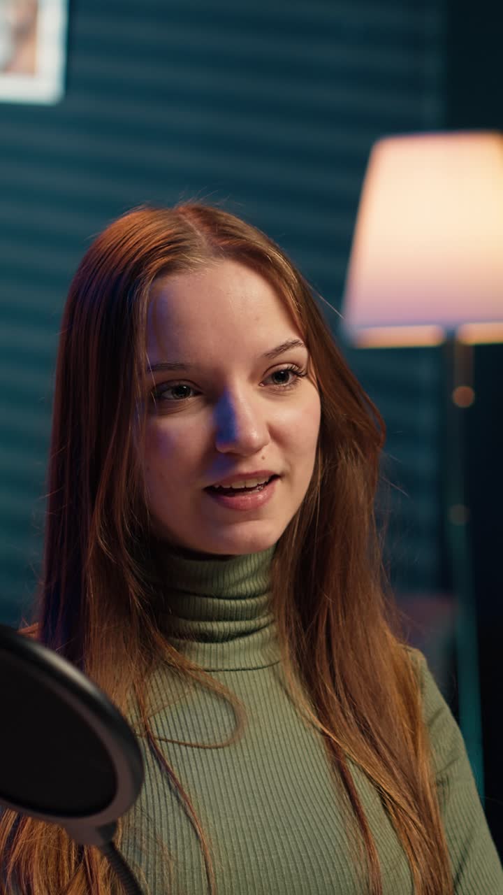 Giovane donna che parla al microfono in uno studio di registrazione