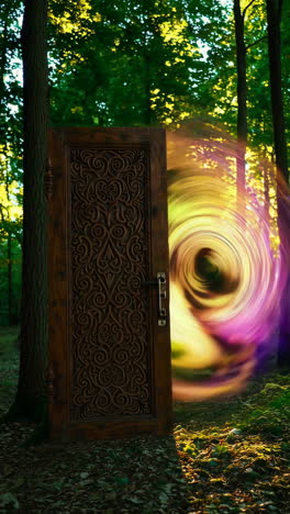mysterious ornate door opening to a swirling portal in a vibrant forest