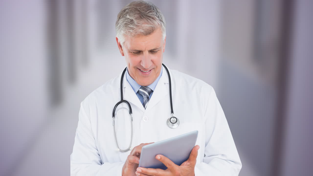 Animazione di medico caucasico che usa un tablet su nastro blu