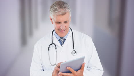 animación de un médico caucásico usando una tableta sobre una cinta azul