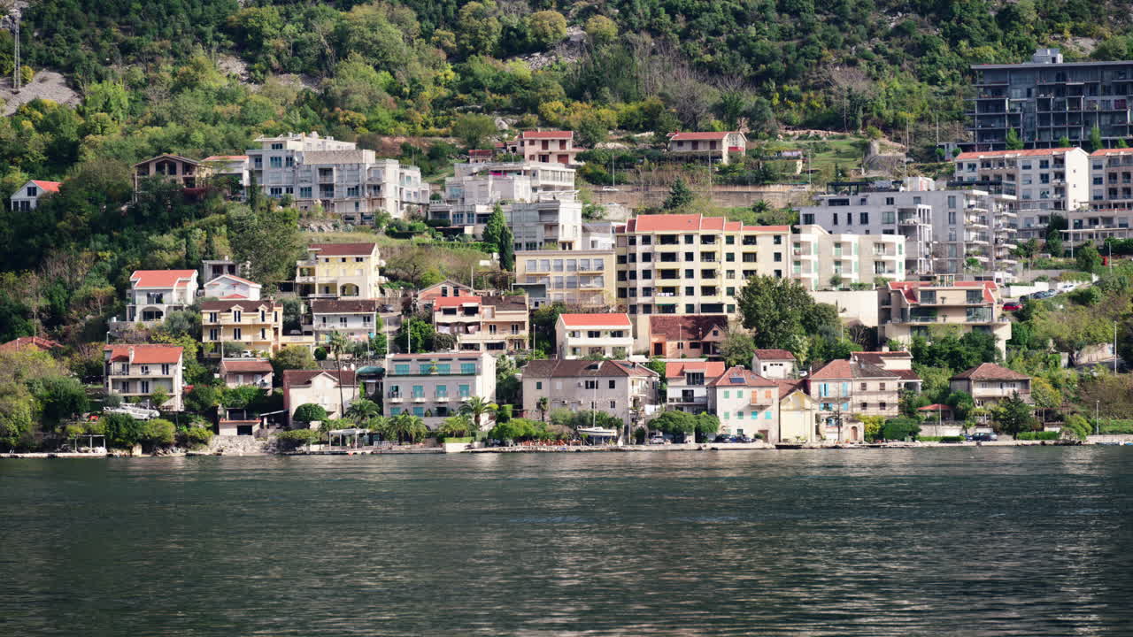 Evler ve apartmanlar Kotor Körfezi'ni ve yeşil yamaçları çevreliyor. Yanından bir tekne geçiyor