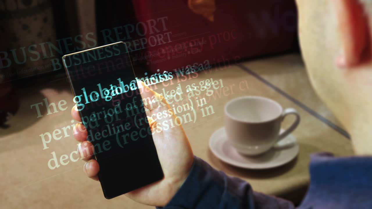 News titles on smartphone screen in hand with global crisis
