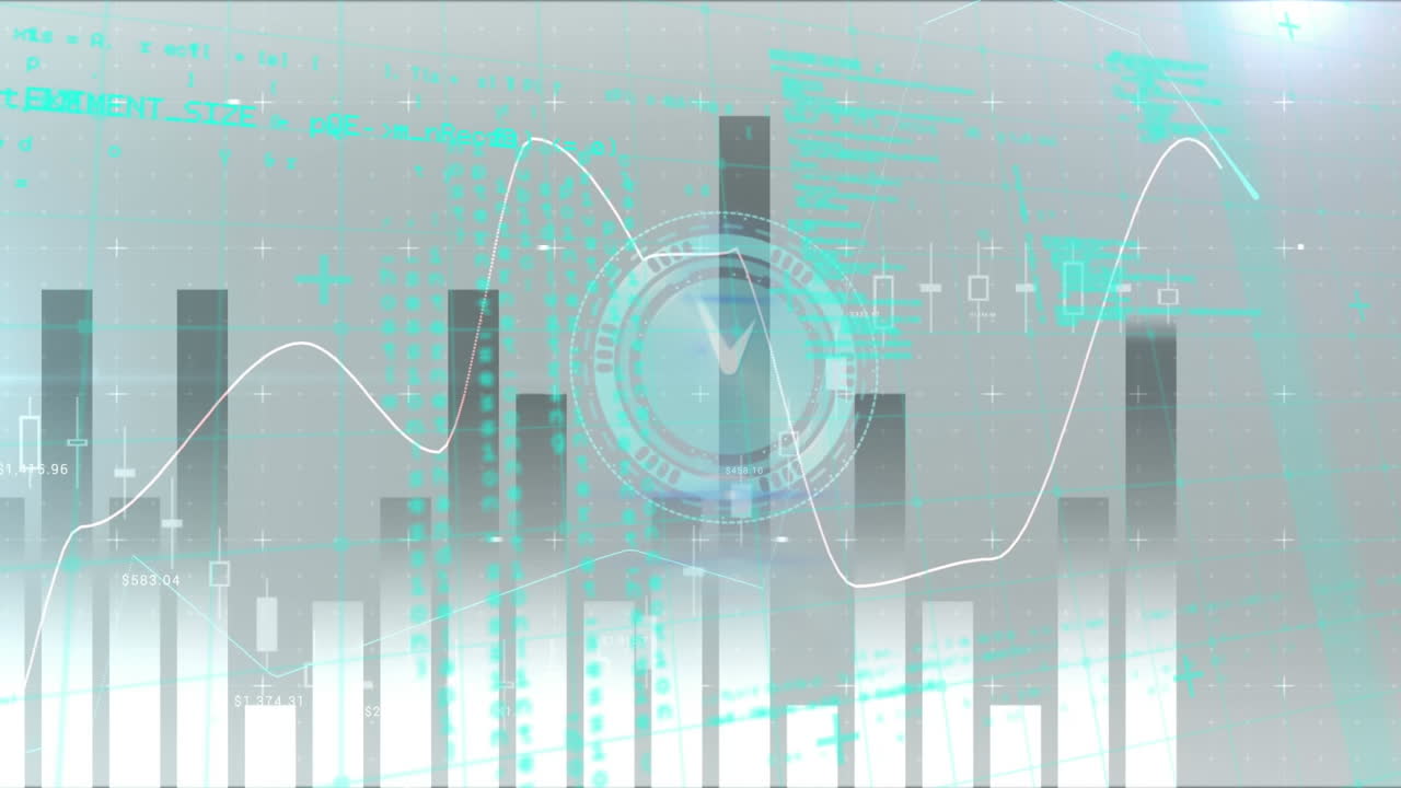 Animation of financial data processing over clock ticking