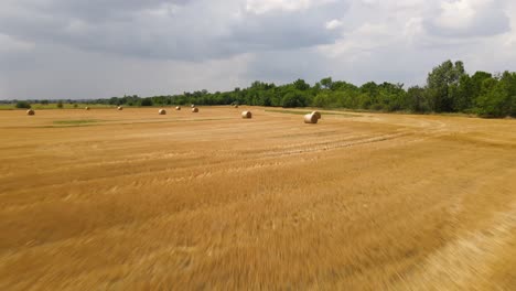 aerial flyover above harvested hayfield with round straw bales