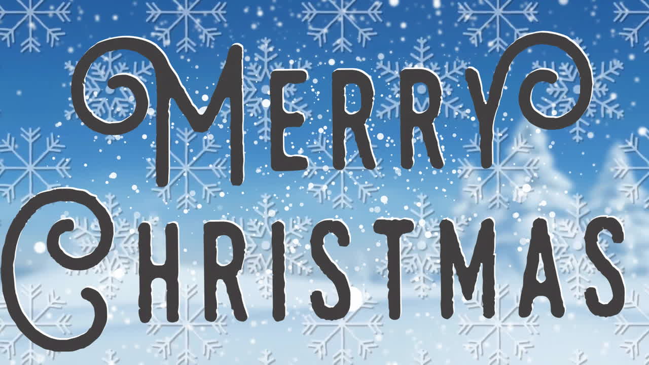 animación de texto de feliz navidad y nieve cayendo sobre el paisaje de invierno