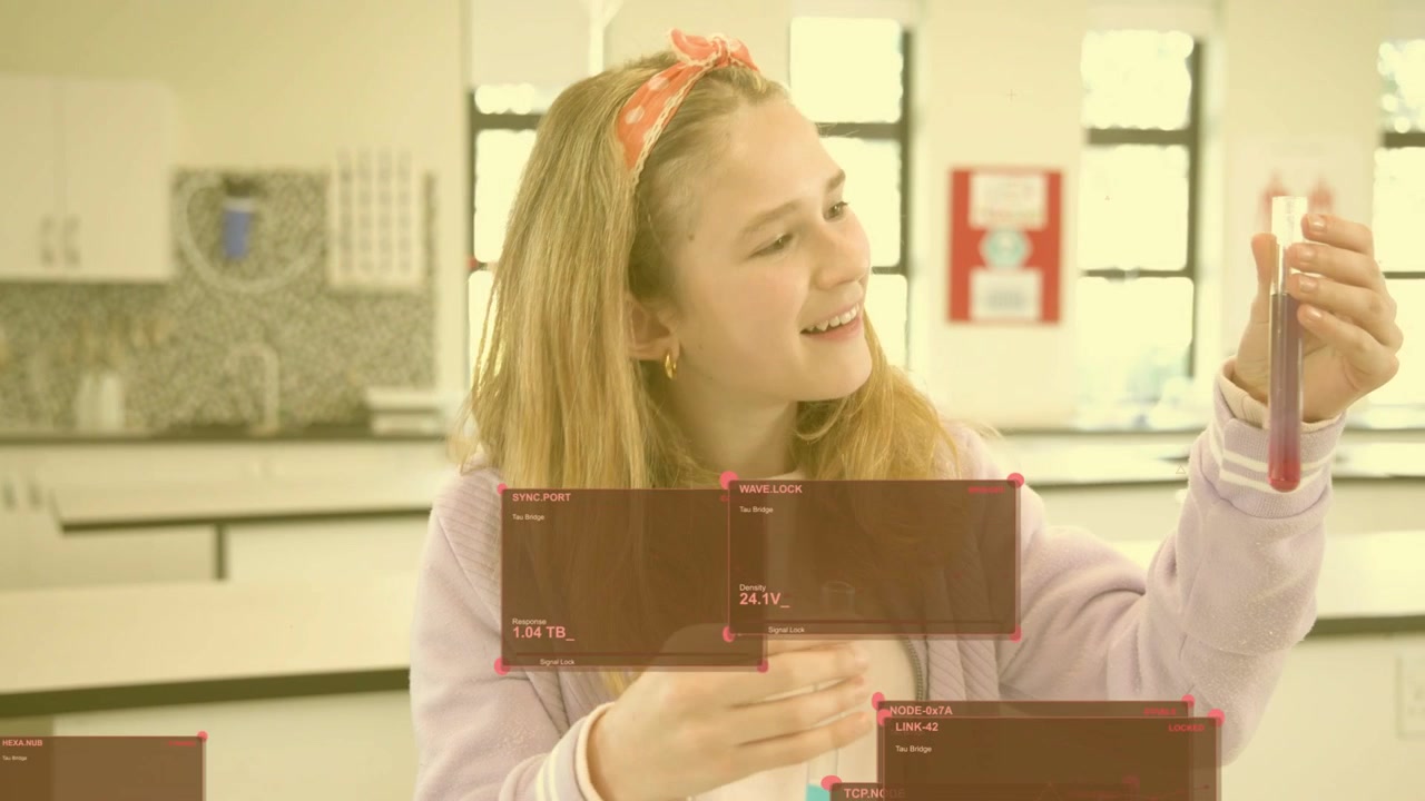 Girl bringing dropper to rim, pouring blue into red tube, observing color change for science