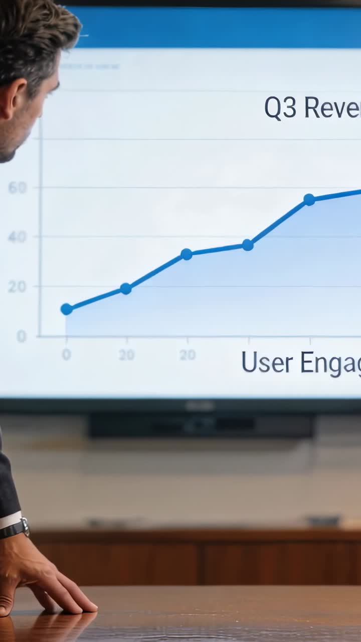 Vertical video: Reacting speaker in suit leaning on table pointing at Q3 Revenue screen, copy space
