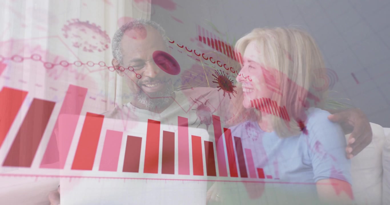 Couple opening laptop accessing virus data causing red translucent charts appearing showing relief