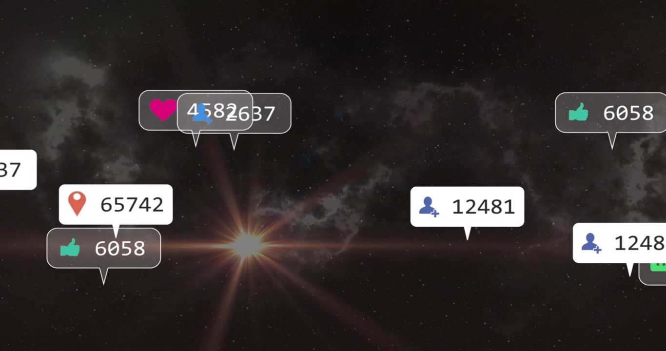 At two seconds social icons fading right edge drifting left with numbers rising showing engagement