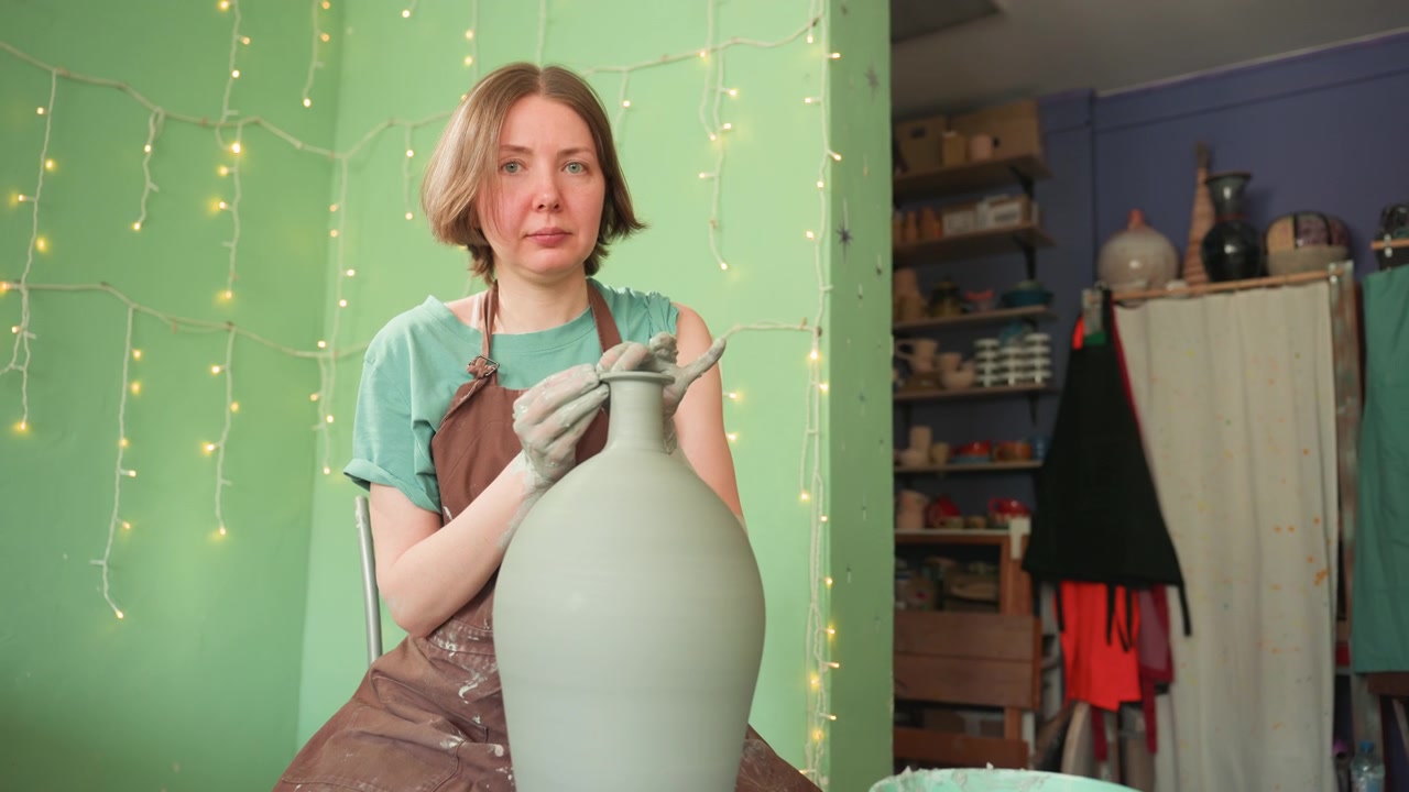 Femme fabriquant un grand vase au tour de potier, vue complète de l'atelier avec étagères et four, lumières murales vertes, façonnage d'un grand récipient avec des mains minutieuses, seau et outils à proximité, atmosphère fière et calme mettant en valeur l'artisanat