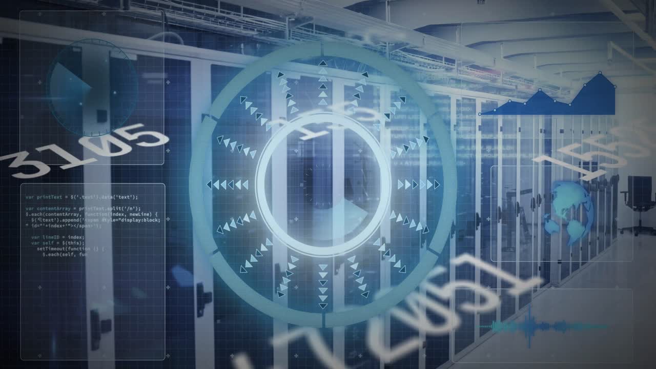 스 ⁇  스캐닝의 애니메이션과 컴퓨터 서버와 함께 기술 객실에서 바뀌는 숫자