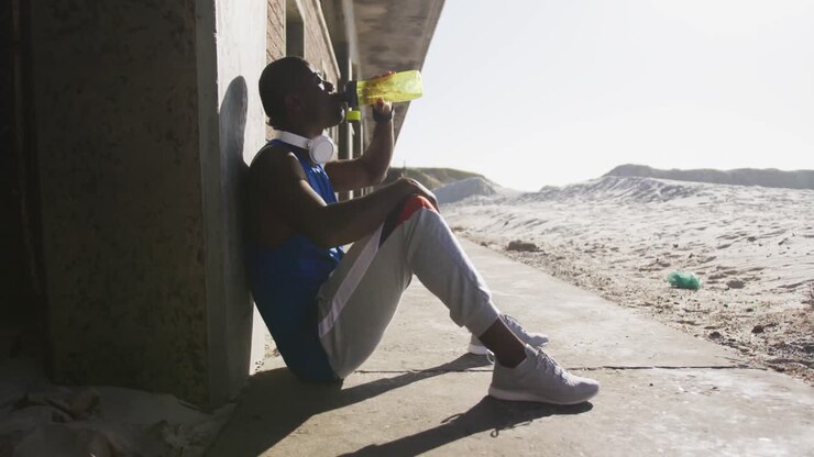 Uomo afroamericano seduto che beve da una bottiglia d'acqua, facendo una pausa dall'esercizio all'aperto.