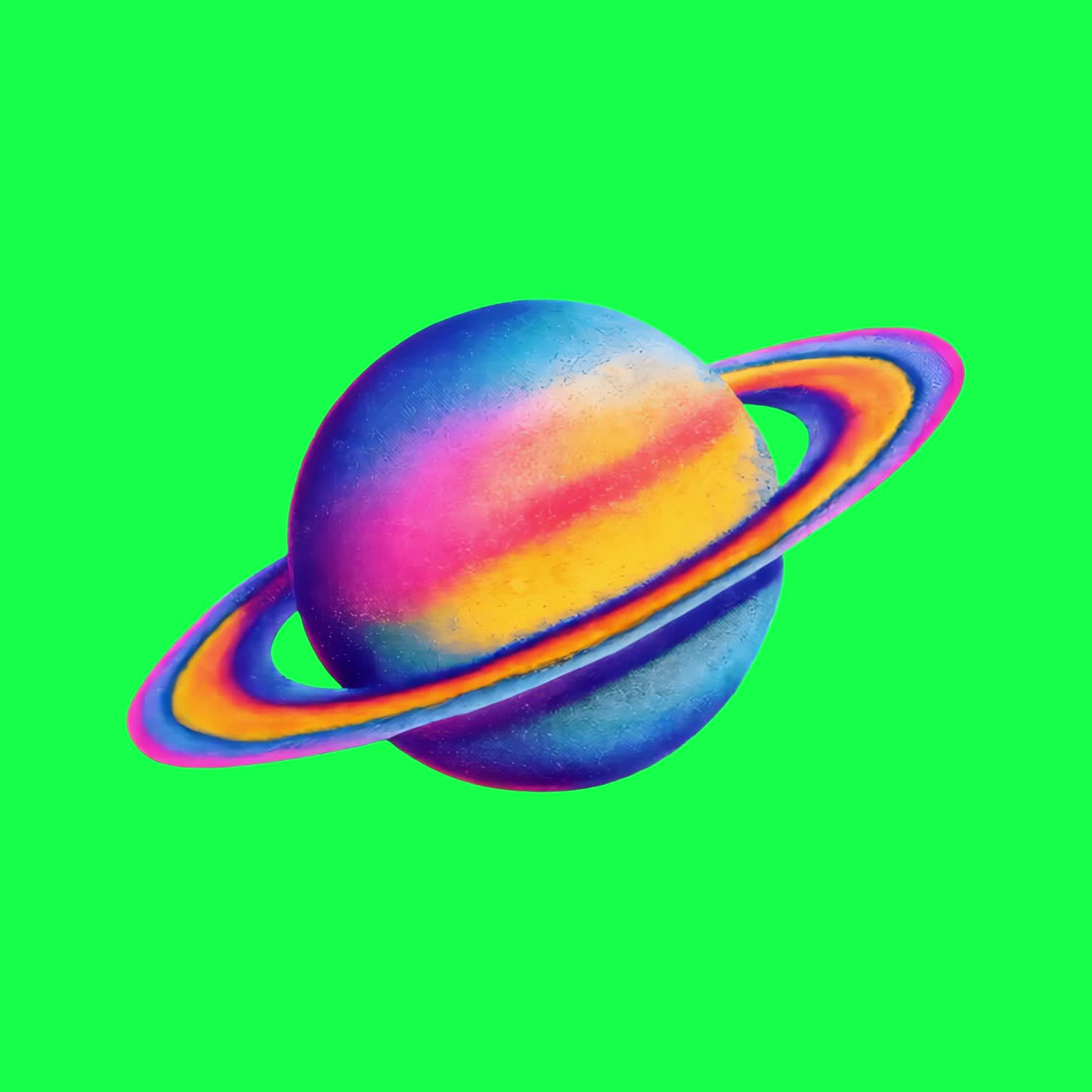 Vibrant planet with colorful rings animation, transparent 4K video, green screen