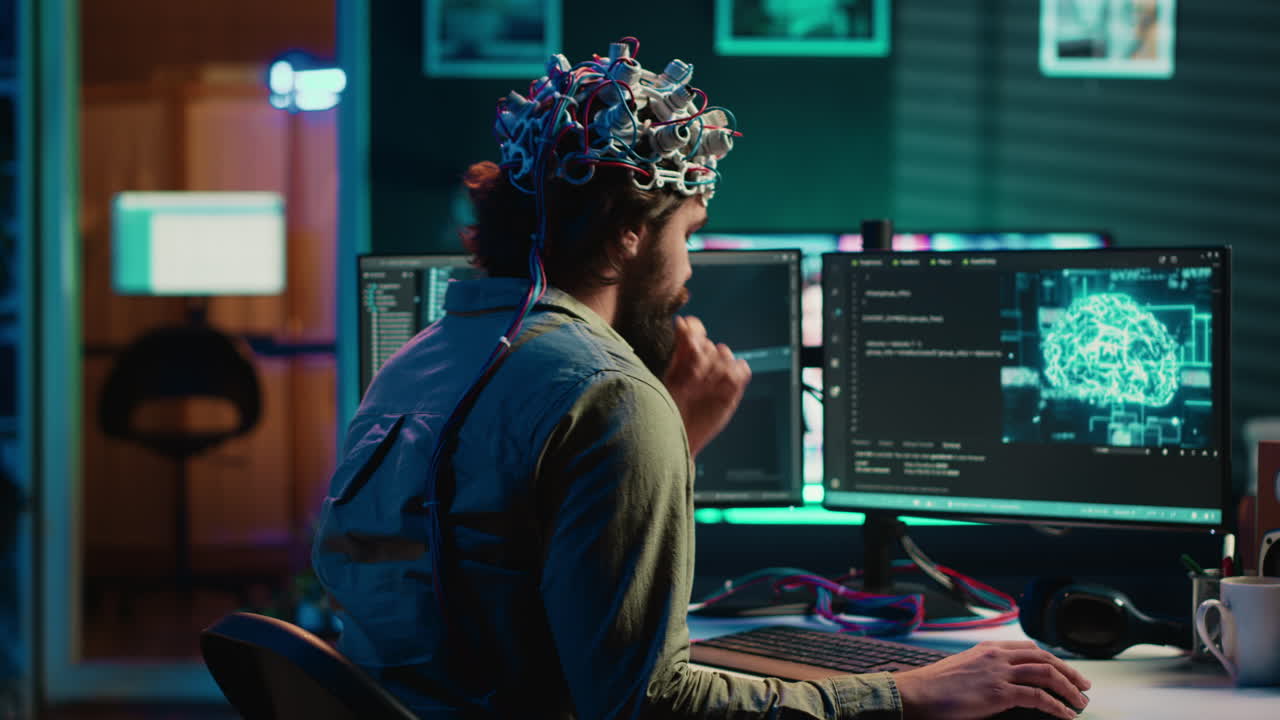 Transhumanist using neuroscientific technology to transcend, transferring mind