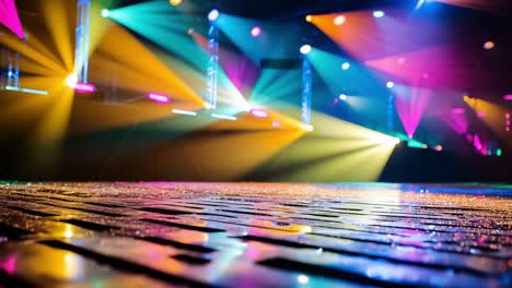 colorful stage lights illuminating empty floor reflecting light beams before live music concert in a venue with illuminated trusses and spotlights creating a vibrant atmosphere