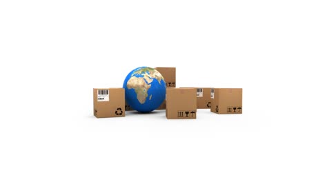 animation of globe and cardboard boxes moving on white background