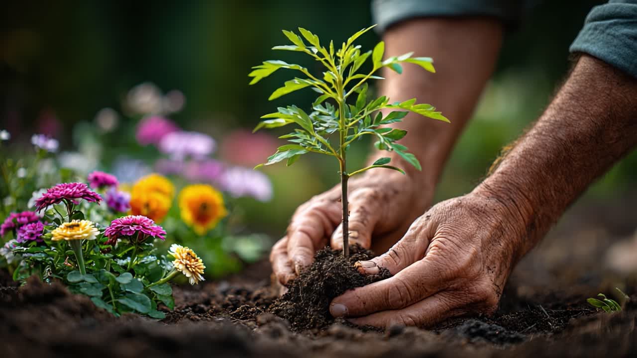 A Gardener Nurtures a Young Plant Amidst Colorful Flowers, Cultivating Nature's Beauty and Promoting Growth in a Lush Garden Environment