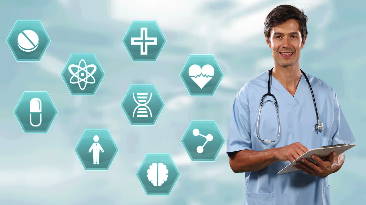 múltiples iconos médicos contra el retrato de un cirujano caucásico escribiendo en el portapapeles y sonriendo