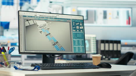 pc monitor on desk in green energy solar panels plant with cad software