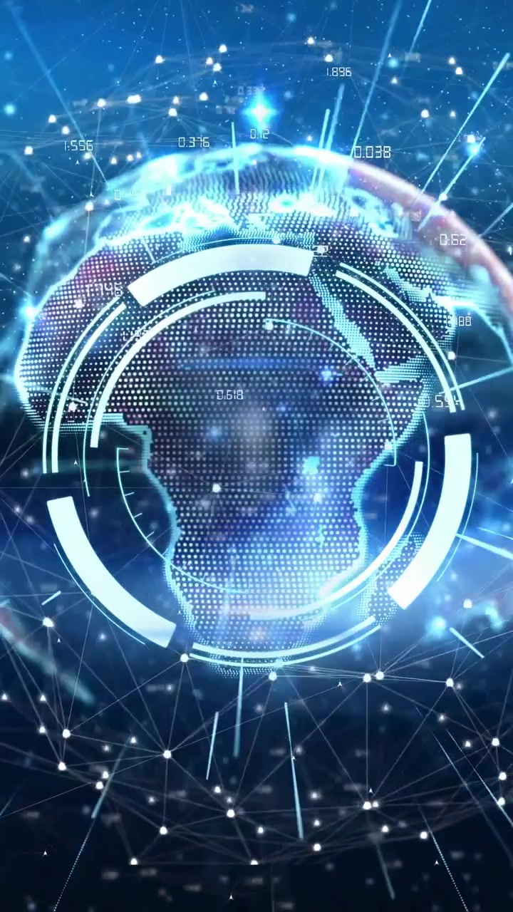 Vertical video: Cam framing Africa starting holo globe rotating HUD aligning mesh pulsing for data