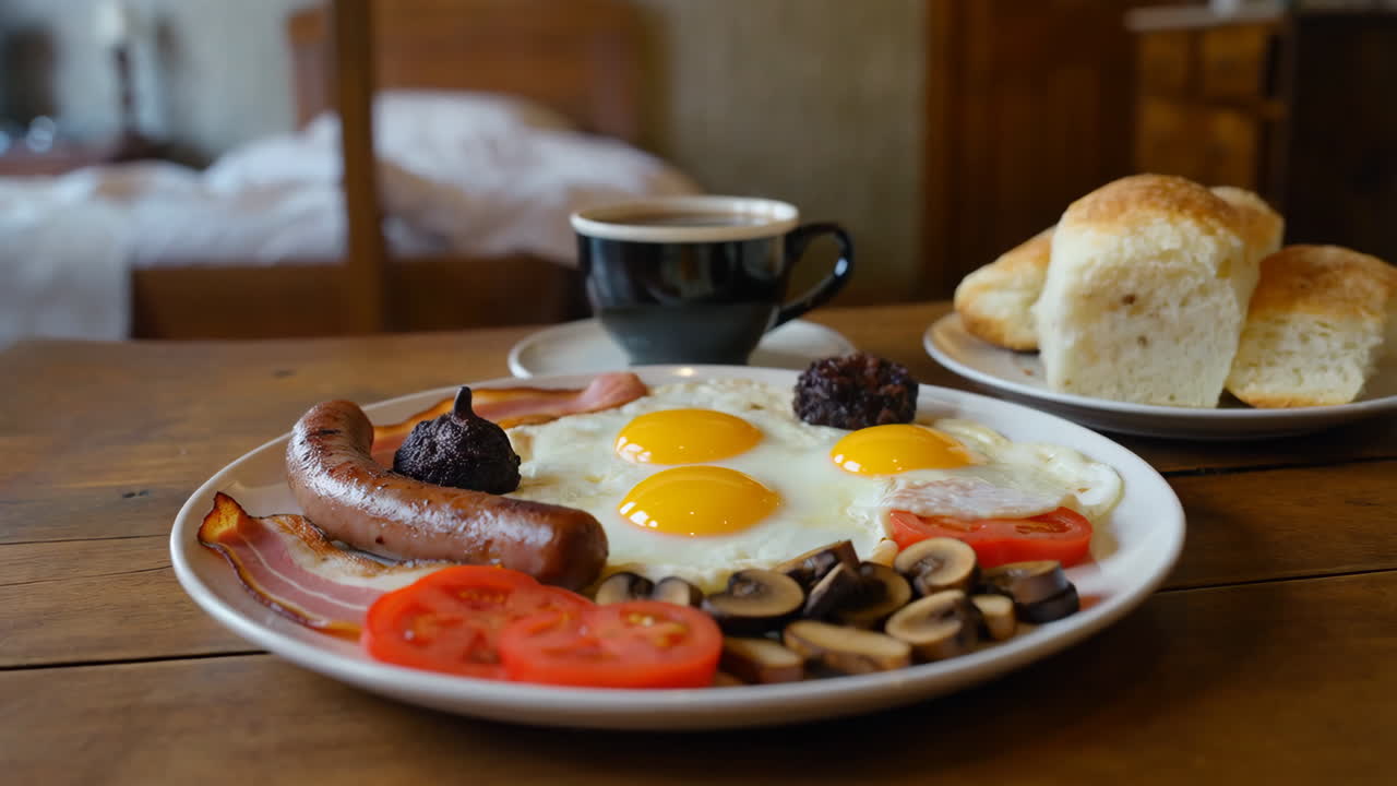 Full English breakfast with fried eggs, sausage, bacon, mushrooms, and tomatoes, served with coffee and bread