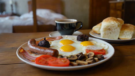 full english breakfast with fried eggs, sausage, bacon, mushrooms, and tomatoes, served with coffee and bread