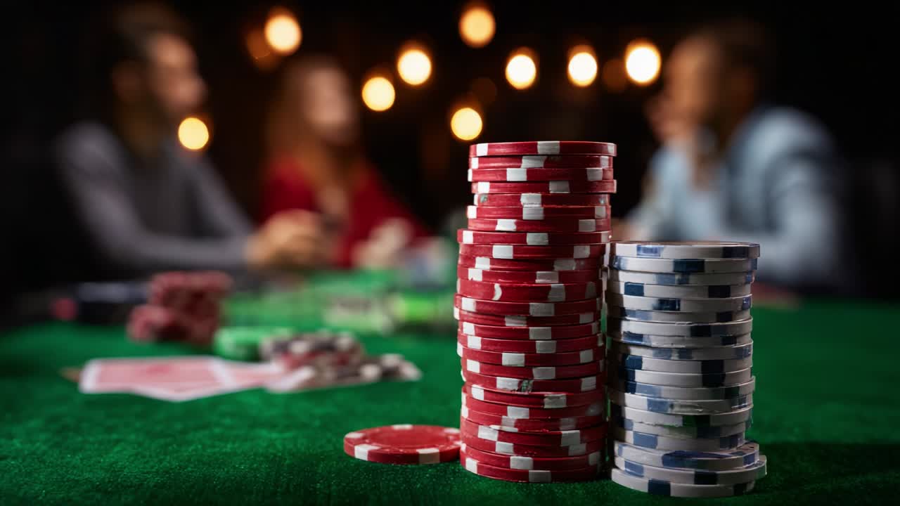 A Captivating Glimpse into the Intense World of Poker, Featuring Stacked Chips and Engaged Players in a Dimly Lit Setting with a Focus on Strategy and Anticipation
