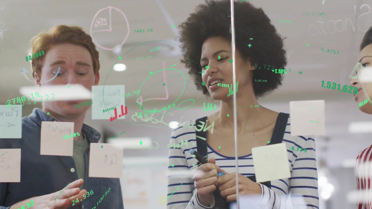 Lead woman holding marker aligning business ideas on glass, overlays, man joining and pointing
