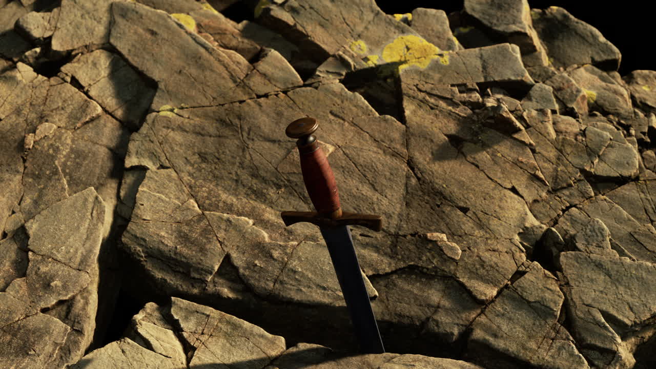 Excalibur sword in rocky stone at sunset