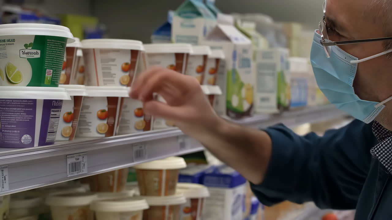 Man in a face mask choosing products in a supermarket