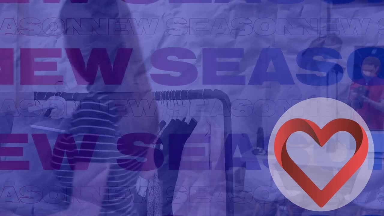 새로운 계절의 텍스트와 옷 가게의 백인 여성에 대한 심장 아이콘의 애니메이션