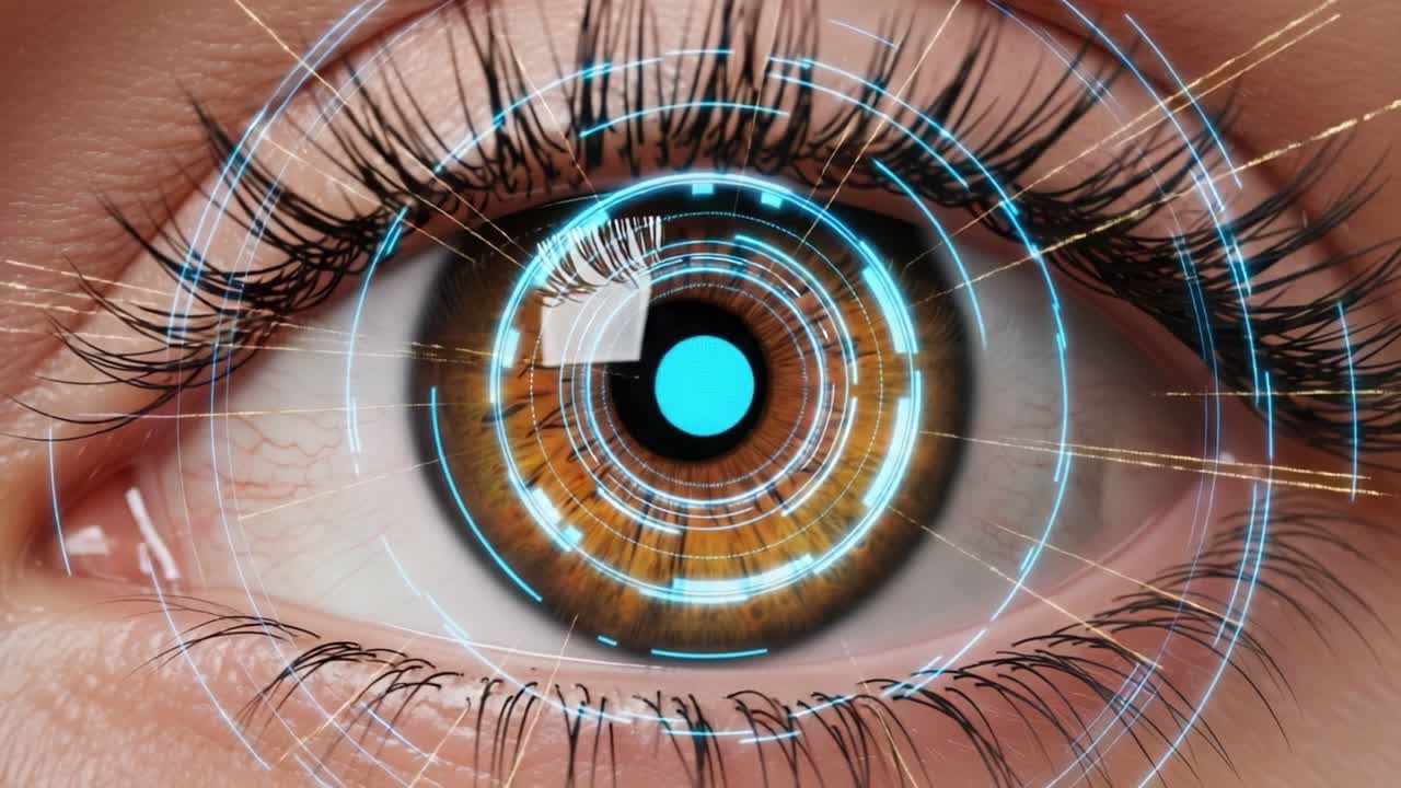 A Close-Up Journey Through a Technologically Enhanced Eye, Featuring Vibrant Colors and Futuristic Visual Effects That Display Intricate Patterns of Light and Detail
