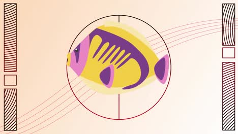 animación de peces sobre formas en fondo amarillo
