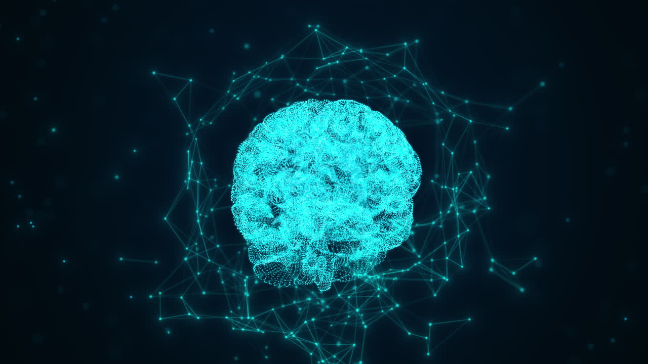 Human brain and plexus structure revolving with skull scan and digits orbiting around