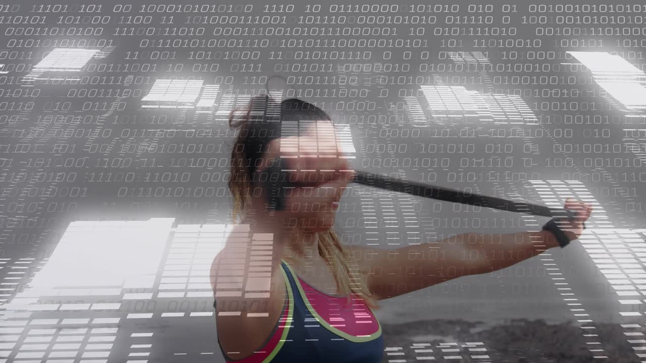 After checking grip woman pulling resistance band for fitness toning muscles by ocean window