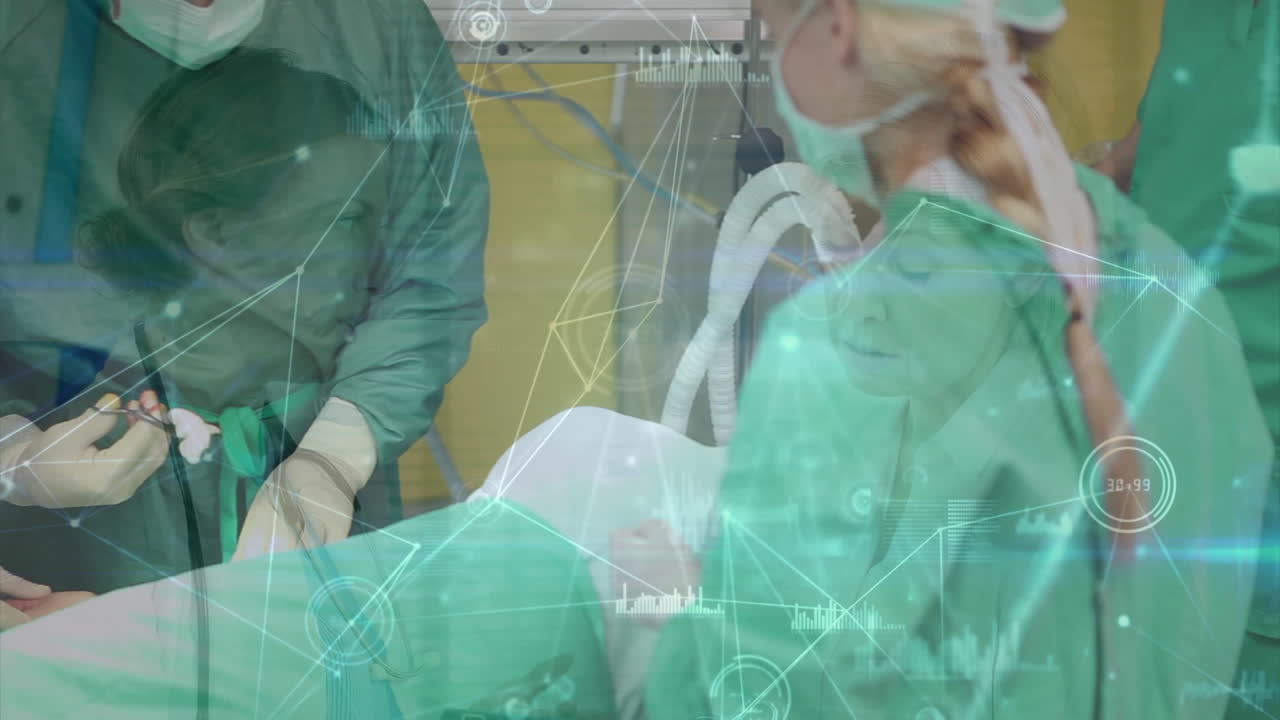 다양한 외과 의사와 환자에 대한 데이터 처리에 대한 연결 네트워크의 애니메이션