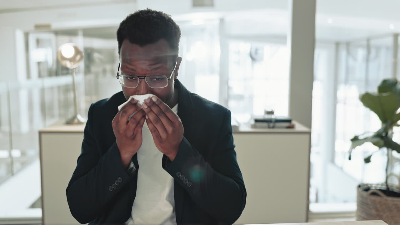 hombre de negocios enfermo, estornudar y soplar la nariz