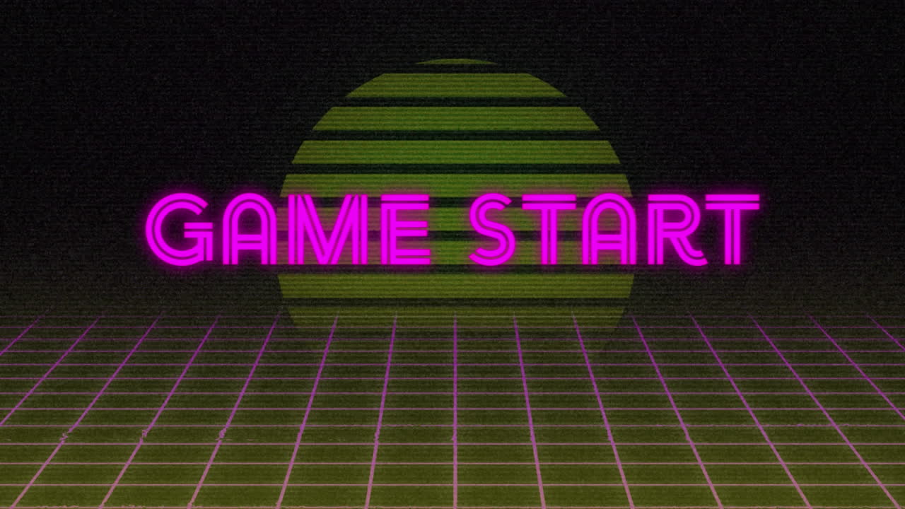 네온 보라색 게임 시작 텍스트 배너의 애니메이션은 원형 모양에 대한 그리드 네트워크를 통해