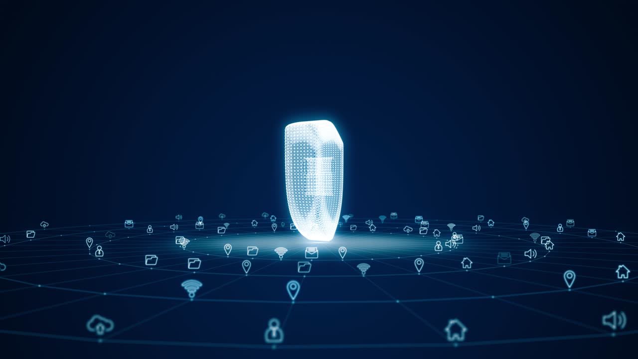 블루 디지털 3d 드 로고의 모션 그래픽과 미래 기술 아이콘, 추상적인 배경 개념의 원 회전과 선 연결