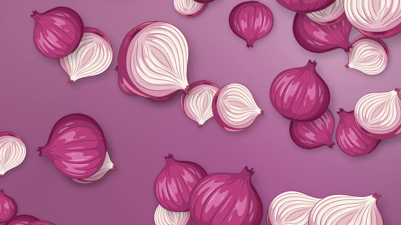 Cipolle rosse e fette stilizzate cadono verticalmente su uno sfondo sfumato viola in animazione 2D