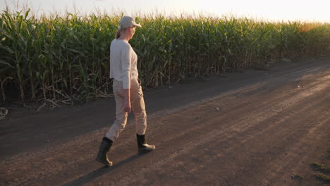 woman walking through a cornfield at sunset
