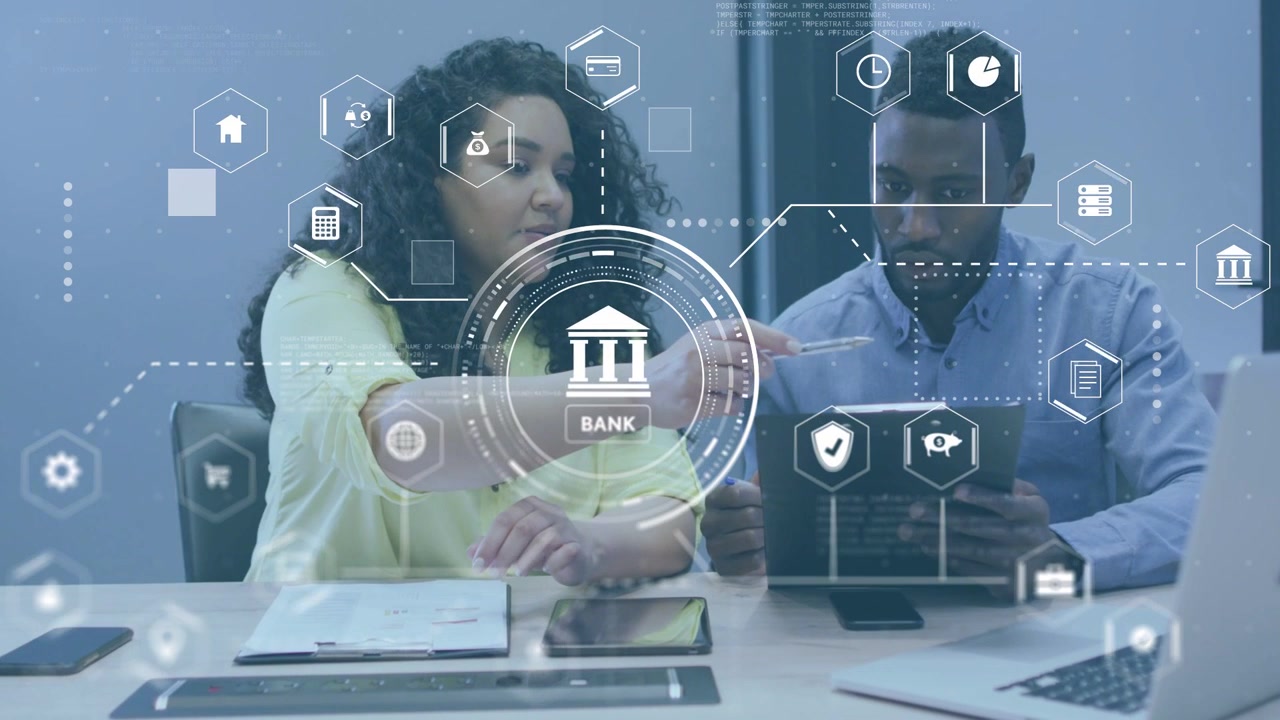 Woman pointing tablet initiating banking overlay showing bank hex icons, man tapping, both agreeing