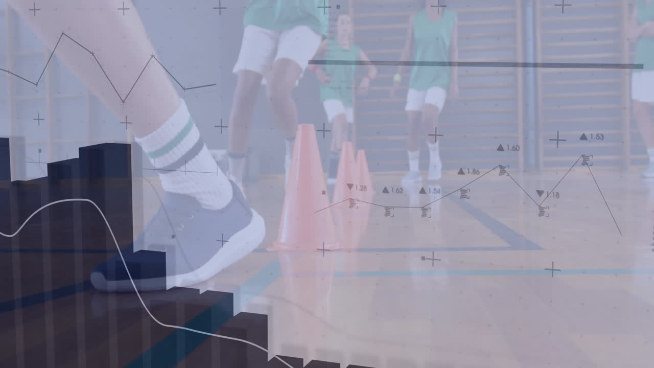 female athletes running agility drills in gym, showcasing sports technology data charts and graphs