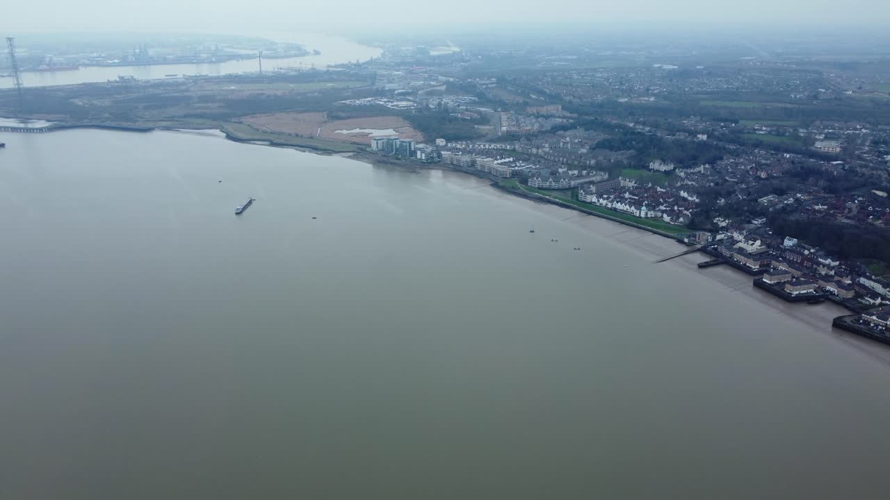 Aerial view of a town along a river
