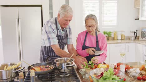 glückliches, vielfältiges älteres paar, das schürzen trägt und in der küche kocht