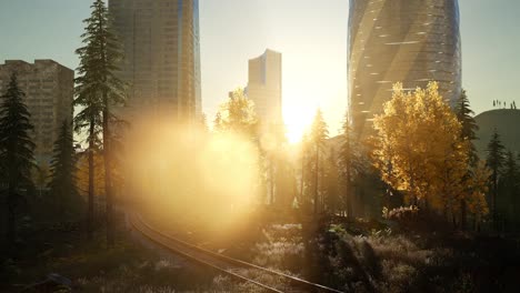 city skyline with urban skyscrapers at sunset