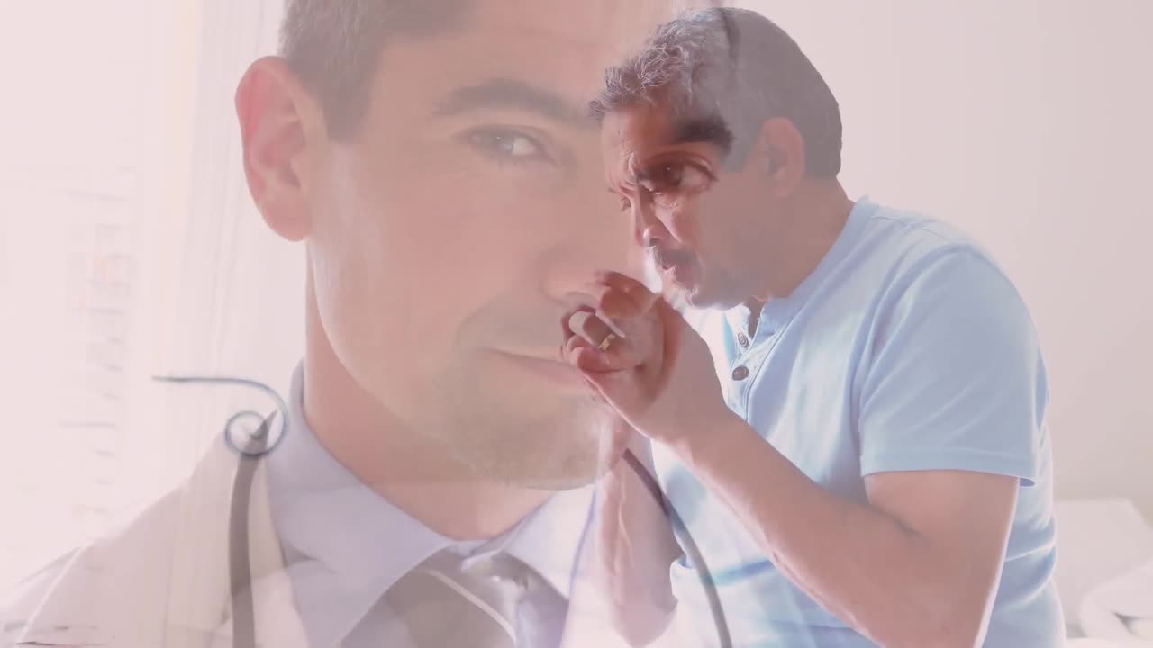 animación de un hombre mayor sobre un médico en el fondo. la propagación de covid-19